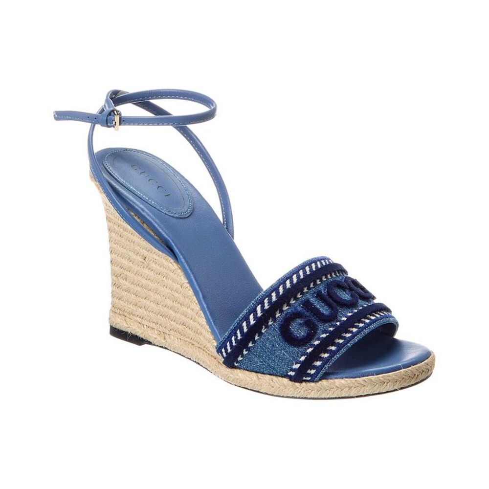 Gucci Denim & Leather Wedge Sandal, Blue